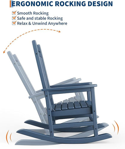 GarveeLife Poly Lumber Rocking Chair Outdoor Set of 2 - HDPE High Back Porch Rocker Chairs for Adults - All Weather Resistant Furniture for Patio - Navy Blue
