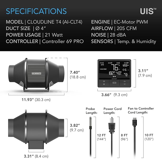 AC Infinity CLOUDLINE PRO T4, Quiet 4” Inline Duct Fan with Temperature Humidity VPD Controller, WiFi Integrated App Control - Ventilation Exhaust Fan for Heating Cooling, Grow Tents, Hydroponics