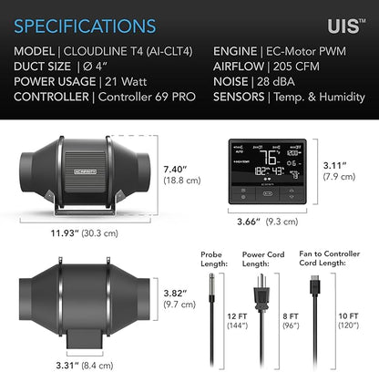 AC Infinity CLOUDLINE PRO T4, Quiet 4” Inline Duct Fan with Temperature Humidity VPD Controller, WiFi Integrated App Control - Ventilation Exhaust Fan for Heating Cooling, Grow Tents, Hydroponics