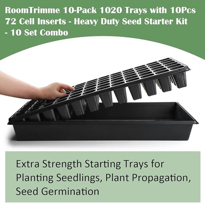10 Pack 1020 Trays No Holes and 10 Pack 72 Cell Seed Starter Tray, 20" x 10" - Heavy Duty Reusable Plastic Seed Starter Kit for Microgreens, Seed Germination & Plant Propagation (10 Sets)