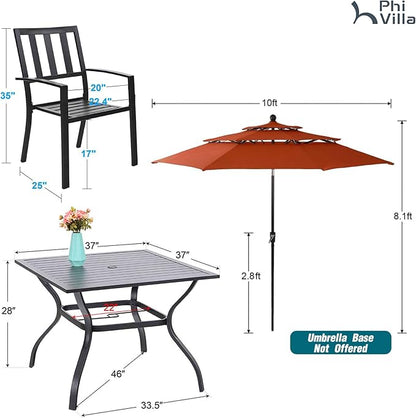PHI VILLA 5 Piece Outdoor Dining Set with 10ft Umbrella, 37" Square Metal Dining Table & 4 Stacking Metal Chair with 3 Tier Red Umbrella for Patio, Deck, Yard, Porch