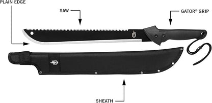 Gerber Gear Gator Machete 25" with Plain Edge Blade and Saw, Gator Grip and Protective Sheath for Gardening, Survival, Hunting, Camping and Bushcraft, Black
