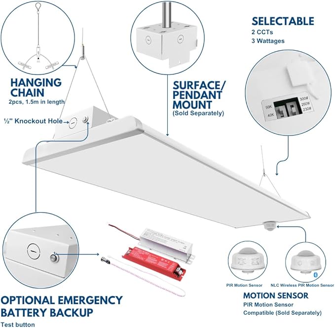 Konlite Pack of 2 ALTA LED High Bay Light - 4FT - 300W/260W/230W - 47,500 Lumens - 5000K/4000K Selectable - 120-277V - 1000W Metal Halide Equal