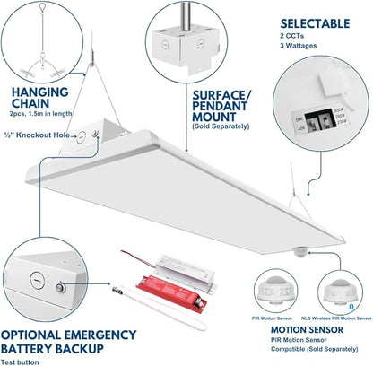Konlite Pack of 2 ALTA LED High Bay Light - 4FT - 300W/260W/230W - 47,500 Lumens - 5000K/4000K Selectable - 120-277V - 1000W Metal Halide Equal