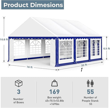 GREEN PARTY 16x20FT Party Tent Heavy Duty, Large Wedding Event Shelters with 3 Carry Bags & Removable Sidewalls, Outdoor Canopy Gazebo Commercial Tent for Carport Camping Garden Patio
