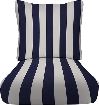 RSH DECOR: Deep Seating Cushion with Pillow Back | 23” x 26” Seat | All-Weather Spun Fabric | Water and Fade-Resistant | Outdoor Chair Cushion Set for Patio Furniture | Navy Blue & White Stripe