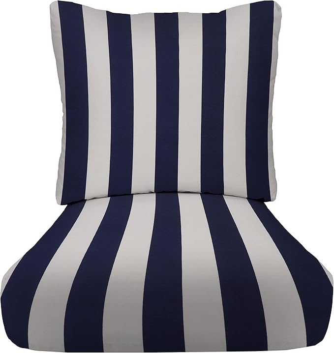RSH DECOR: Deep Seating Cushion with Pillow Back | 25” x 25” Seat | Water and Fade-Resistant Spun Fabric | Outdoor Chair Cushion Set for Patio Furniture | Navy Blue & White Stripe