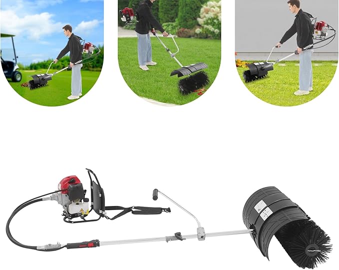 52CC 2 Stroke Gas Backpack Broom Sweeper, 2.3HP Artificial Grass Brush Gasoline Powered Broom, 1700W Outdoor Portable Lawn Sweeper Machine for Cleaning up Boulevard, Driveway, Lawn, Walkway