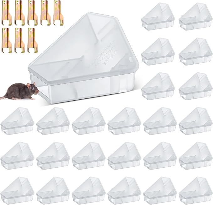 Qualirey 24 Pcs Mice Station with Key Triangle Bait Station Reusable Rodent Trap Bait Box, Keeps Children and Pets Safe Indoor & Outdoor, Bait Not Included, Suitable for Small Mice (Translucent)