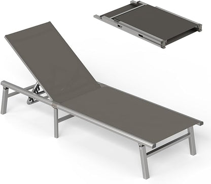 Ciokea Aluminum Chaise Lounge Ourdoor - Foldable & Assemble Free Outdoor Lounge Chair with 5 Adjustable Backrest, Patio Lounge Chair for Outside Poolside Beach Pool, Grey