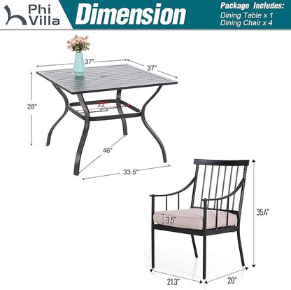 PHI VILLA 5 Piece Outdoor Dining Set with Cushion, 37” Square Metal Dining Table with Umbrella Hole & 4 Cushioned Steel Chairs for Patio, Deck, Yard