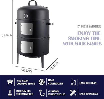 Realcook Vertical Charcoal Smoker Grill: Premium Meat BBQ Smokers with Thermometer - Charcoal Barbecue Grill Combo for Patio Backyard Grilling Outdoor Cooking Tailgating