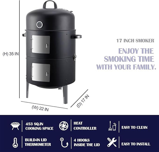 Realcook Vertical Charcoal Smoker Grill: Premium Meat BBQ Smokers with Thermometer - Charcoal Barbecue Grill Combo for Patio Backyard Grilling Outdoor Cooking Tailgating