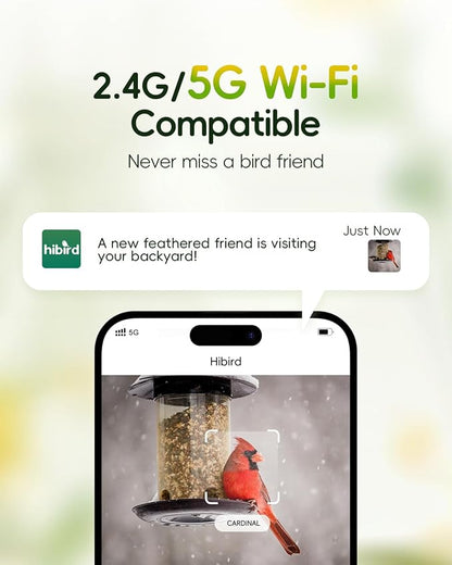 Hibird 4K HD Smart Bird Feeder Camera Solar Powered, 2.4G/5G Dual WiFi Wireless Outdoor, 6X Slow Motion Auto Bird Video Capture, Instant Notifications, AI Identify 10000+ Species for Everyone