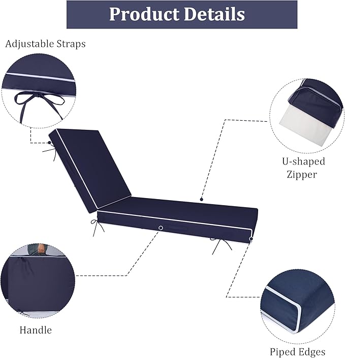 Chaise Lounge Cushions Outdoor Furniture 80 x 26 Inch Patio Lounge Chair Cushions 4'' Thick Waterproof Outdoor Chaise Cushion Weather Resistant Pool Lounger Cushion(Navy Blue)