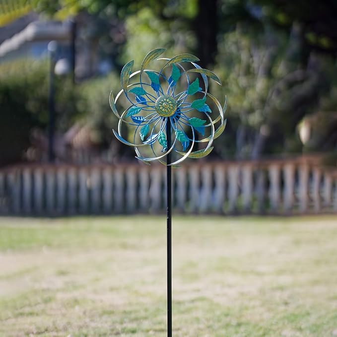 Metal Wind Spinners Outdoor,13'' Dia Green Double Wind Spinner & Sculpture,Waterproof Garden Windmill for Yard Art Decorations