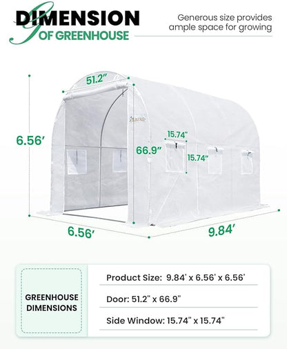KING BIRD Premium 10x6.6x6.6FT Greenhouse for Outdoors, Large Walk-in Heavy Duty Galvanized Steel Frame, Mesh Door Screen Window Tunnel Hoop Garden Plant Winter Hot House, with Watering Kits, White