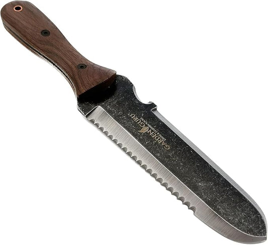 Garden Guru Hori Hori Gardening Knife for Weeding Digging Pruning & Cultivating - Stainless Steel Full Tang Blade Walnut Wood Handle Marks for Measuring Planting Depth Nylon Sheath for Storage (4pack)