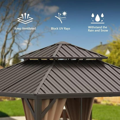 Domi 12'x12' Hardtop Gazebo Canopy,Outdoor Metal Gazebo with Galvanized Steel Double Roof,Curtain and Netting,Permanent Pavilion for Patio Deck,Backyard