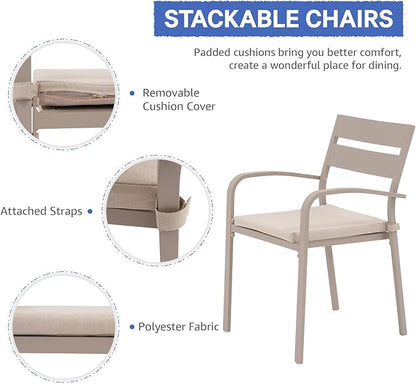 Soleil Jardin Outdoor Aluminum 2-Piece Patio Dining Chairs with Cushions, Stackable Bistro Chairs for Balcony, Garden, Backyard, Flaxen Finish & Beige Cushion