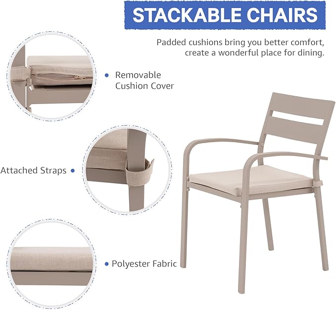 Soleil Jardin Outdoor Aluminum 4-Piece Patio Dining Chairs with Cushions, Stackable Bistro Chairs for Balcony, Garden, Backyard, Flaxen Finish & Beige Cushion