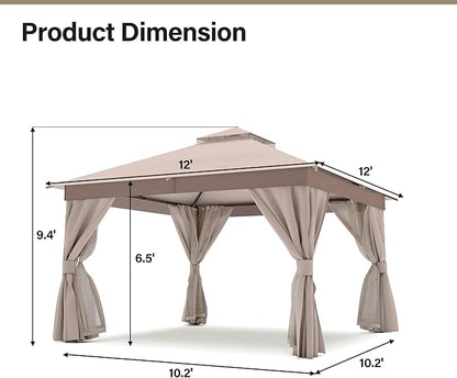 LAUSAINT HOME Outdoor Patio Gazebo 12'x12' with Expansion Bolts, Heavy Duty Party Tent & Shelter with Double Roofs, Mosquito Nettings and Privacy Screens for Backyard, Garden, Lawn, Champagne Khaki