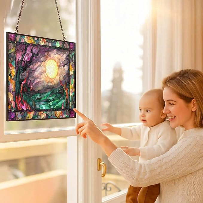 Personalized Rectangle Haunted Night Stained Glass Window Hangings, Handcrafted Stained Glass Suncatchers, Gift for Cat Lovers Nature Lovers 15"x11" Mothers Day