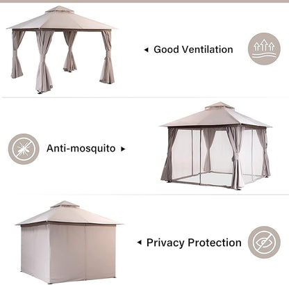 LAUSAINT HOME Outdoor Patio Gazebo 10'x10' with Expansion Bolts, Heavy Duty Party Tent & Shelter with Double Roofs, Mosquito Nettings and Privacy Screens for Backyard, Garden, Lawn, Champagne Khaki