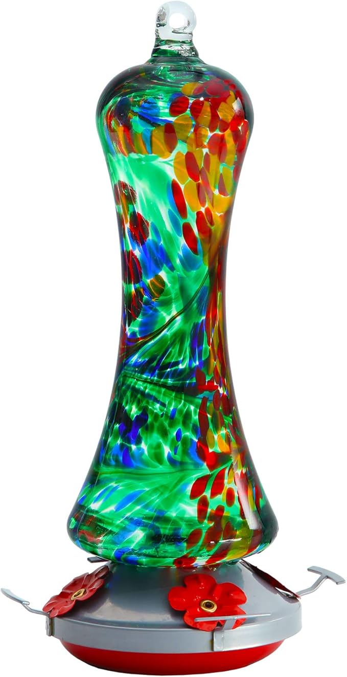 Glass Hummingbird Feeder for Outdoors: Window Hanging Hummingbirds Gifts for Women - Ant Moat Included, Metal Base with 4 Feeding Ports & Perch, Leak Proof, 38 fl.oz, Best Garden Decor