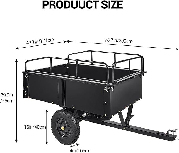 Heavy Duty Tow Behind Dump Cart - 900 Lb Capacity 15 Cu.Ft Steel Utility Trailer, Removable Sides, Foot-Operated Dump for ATVs, UTVs, Lawn Mowers, Garden Yard
