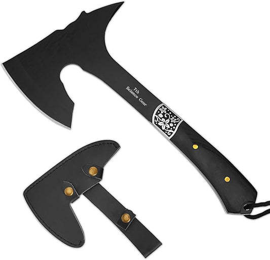 Camping Hatchet Axe with Leather Sheath – 13" Full Tang Compact Survival Tomahawk with Wood Handle for Outdoor Backpacking, Bushcraft, Hiking, and Camping