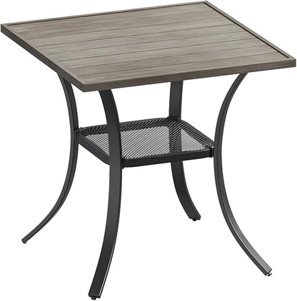 DIFY 27.6" Square Patio Dining Table, Grey Wood-Like Small Outdoor Bistro Table with Rust Resistant Metal Frame, Ideal for Lawn, Backyard and Deck