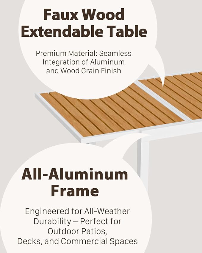 ZANDOR Expandable Outdoor Dining Set for 4-6-8,Patio Table and Chairs Set with Wood Top for Garden,Backyard,Porch,55"-82.7" Extendable Aluminum Outdoor Table Set with 6 Chairs,White