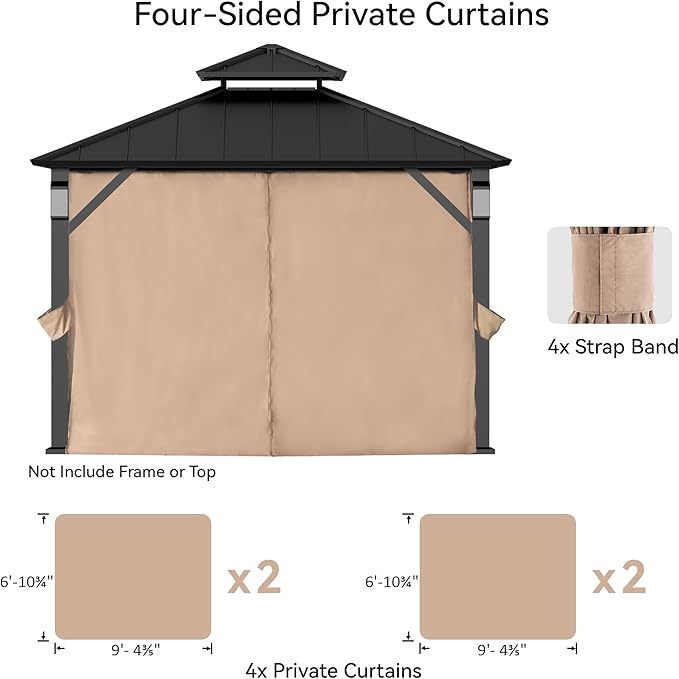 Gazebo Curtain Replacement Universal 4-Panel Sidewalls 10' x 10', Outdoor Gazebo Privacy Curtains with Zipper, Replacement for Outdoor, Patio Canopy, Garden and Backyard (Curtain Only)