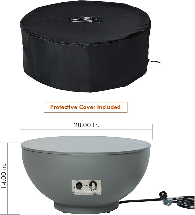 28-Inch Gas Fire Pit with Propane Tank Cover, 58,000 BTU Round Propane Fire Pit Table, Patio Fire Bowl Firepit with Lid, Lava Rocks, Cover, Pre-Attached 10FT Propane Hose, Gray