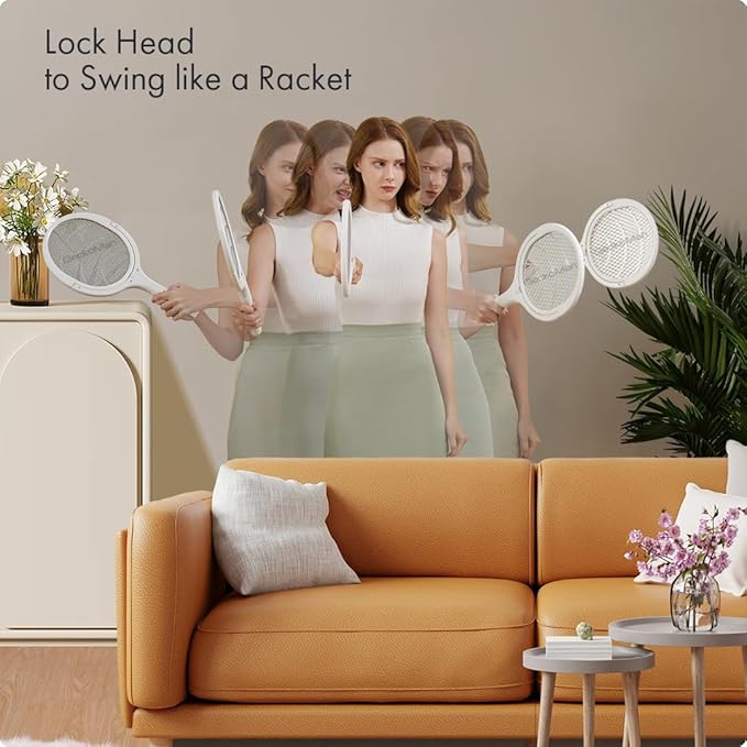 2-Pack GeckoMan Rotating Head Electric Fly Swatter Racket Rechargeable Bug Zapper Racket Bug Zapper Indoor Fly Zapper Mosquito Zapper Flies Killer for Indoors, with 2 Telescopic Extensions