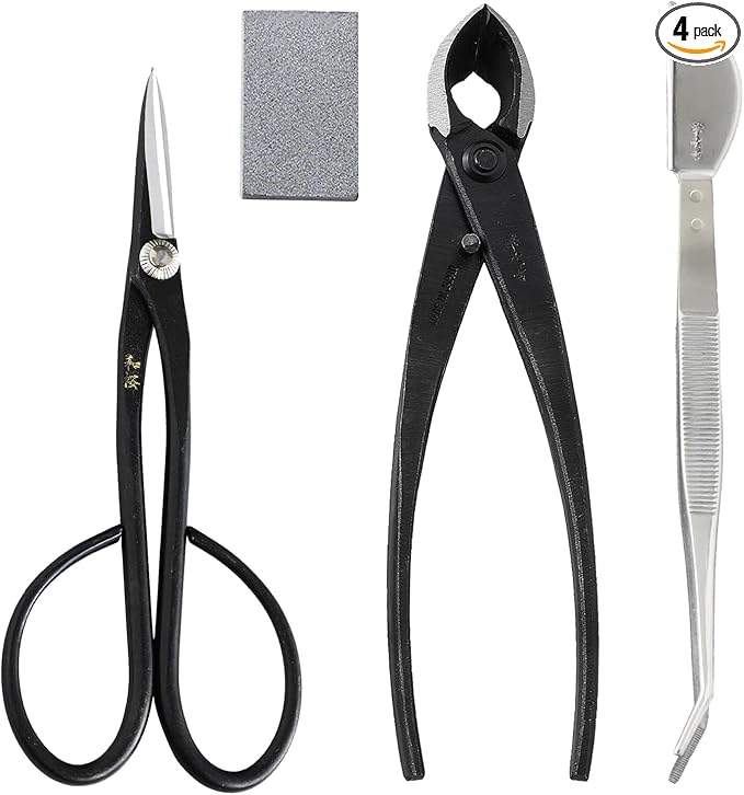 Wazakura 4PCS Bonsai Essential Tool Kit Made in Japan, Yasugi Steel Satsuki Bonsai Scissors + Concave Branch Cutter 8in (200mm) + Stainless Tweezers + Sap Eraser Set