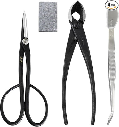 Wazakura 4PCS Bonsai Essential Tool Kit Made in Japan, Yasugi Steel Satsuki Bonsai Scissors + Concave Branch Cutter 8in (200mm) + Stainless Tweezers + Sap Eraser Set