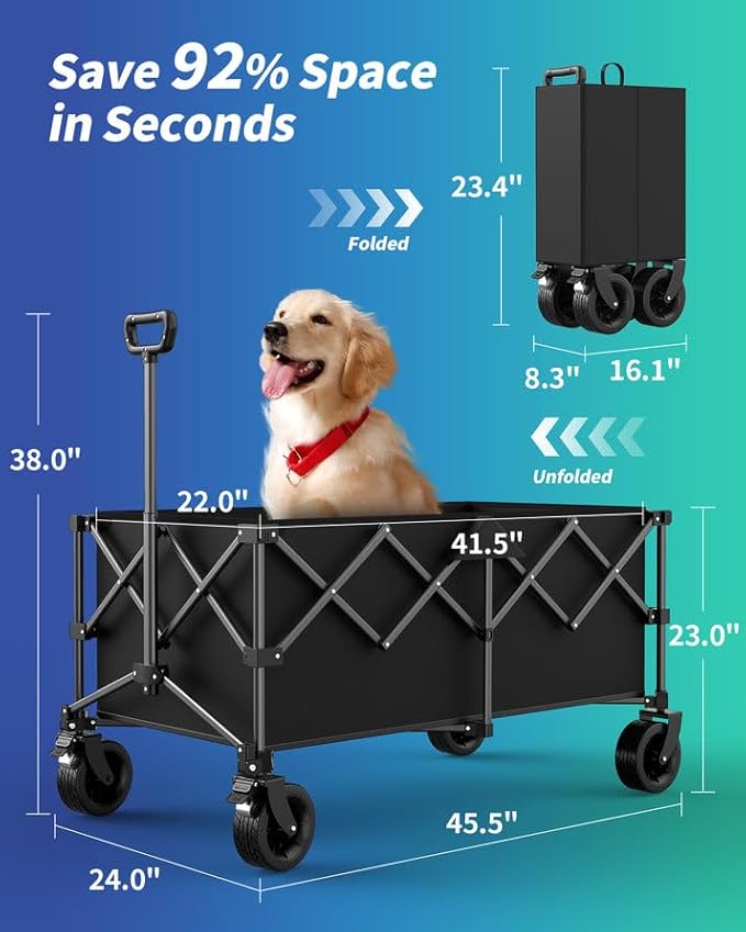 45.5" L Kitsure Collapsible Wagon - Heavy Duty Foldable Wagon with 440lbs Capacity, Adjustable Handle, Shopping Cart with Wheels for Camping, Groceries, Black, 45.5" x 24.0" x 38.0"