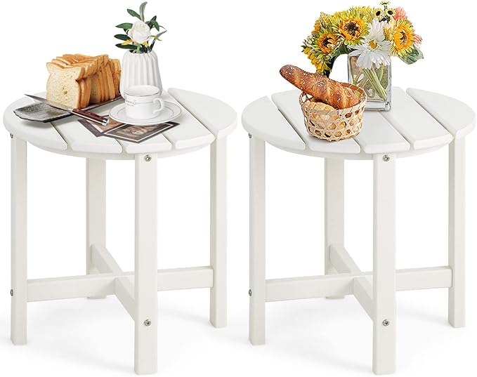 Tangkula Round Outdoor Side Table, 18 Inch Weather Resistant HDPE Adirondack Table, Outdoor Indoor Chairside End Tables, Patio Side Table for Lawn Garden Balcony Backyard, Easy Assembly (2, White)