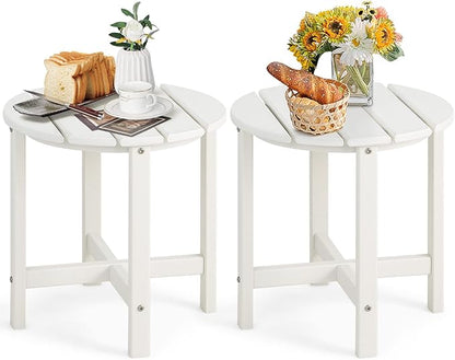 Tangkula Round Outdoor Side Table, 18 Inch Weather Resistant HDPE Adirondack Table, Outdoor Indoor Chairside End Tables, Patio Side Table for Lawn Garden Balcony Backyard, Easy Assembly (2, White)