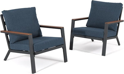 Soleil Jardin Aluminum Patio Furniture Armchair Set of 2, Outdoor Patio Chair with FSC Certified Solid Wood Top, Outdoor Conversation Set Deep Seating Single Chair w/Removable Cushion, Denim Blue