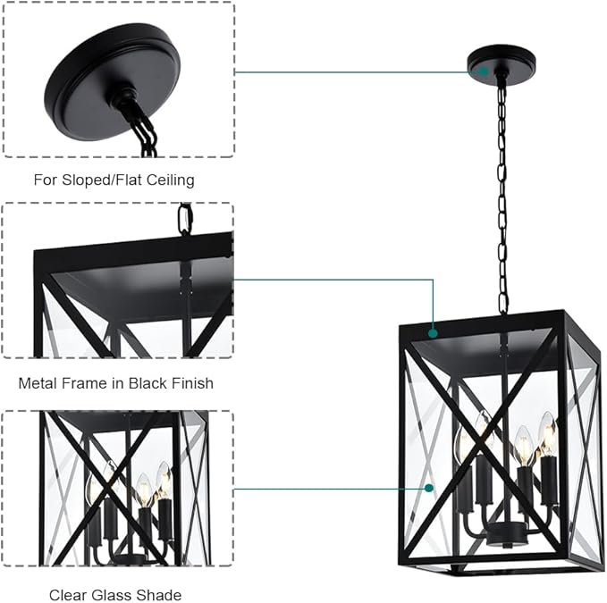 Black Outdoor Pendant Light 4 Lights Outside Pendant Hanging Light Fixture Ceiling Mount with Clear Glass Industrial Hanging Chandelier Latern for Porch,Entryway,Doorway,Farmhouse