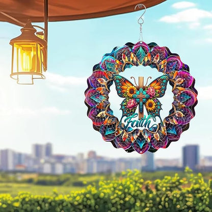 Cross Wind Spinner, Metal Wind Spinners Outdoor/Indoor, Cross Butterfly Hanging Garden Decor for Outside, Stainless Wind Spinners for Yard and Garden 10 inch 3D (25X24.95 CM)