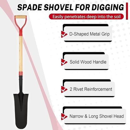Drain Spade Shovel, Garden Drain Spade, Trenching Shovel, Woode D-Handle, Steel Y-Grip, 45 Inch Spade for Digging Transplanting & Edging (Red)