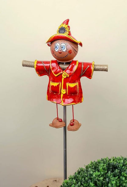 Ceramic Garden Decor - Scarecrow Lawn stake, red - Outdoor statue - Perfect, unique gifts for gardeners woman, men, yard gifts - Handmade, Frostproof