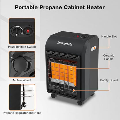 ThermoMate PHF18B Propane Heater 18000 BTU With ODS & Tip-over Protection, Outdoor LP Gas Heater for Patio, Garage, Camping, Shop - Heating Up to 450 Sq. Ft, Gas Regulator & Hose Included