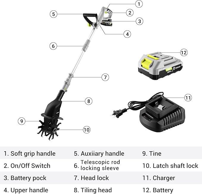Cordless Electric Garden Tiller: DEKOPRO Power Cultivator for Effortless Soil Cultivation in Flower Beds, Vegetable Gardens, Lawns-Lightweight Lawn Yard Garden Tiller for Women & Seniors