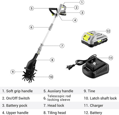 Cordless Electric Garden Tiller: DEKOPRO Power Cultivator for Effortless Soil Cultivation in Flower Beds, Vegetable Gardens, Lawns-Lightweight Lawn Yard Garden Tiller for Women & Seniors