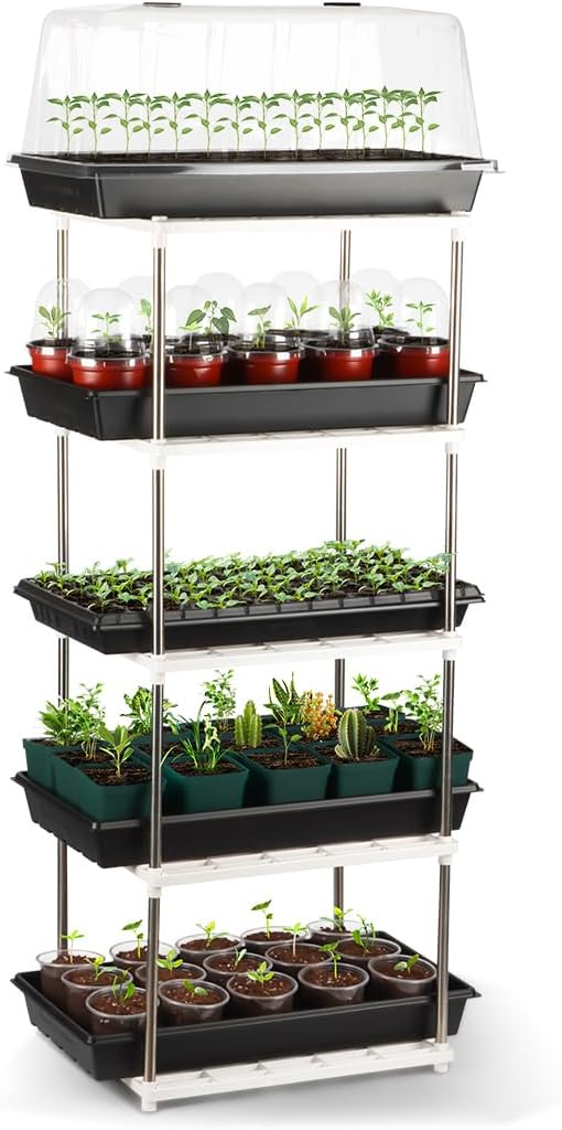 5 Layer Sprouting Tray Storage Shelf, Plant Shelf Nursery Pot Seeding Tray Container Shelves Indoor/Outdoor Plant Rack Holder (White)
